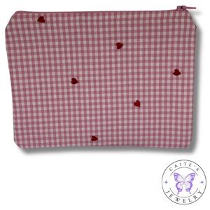 Handmade Zipper Pouch with an Embroidered Hearts Fabric